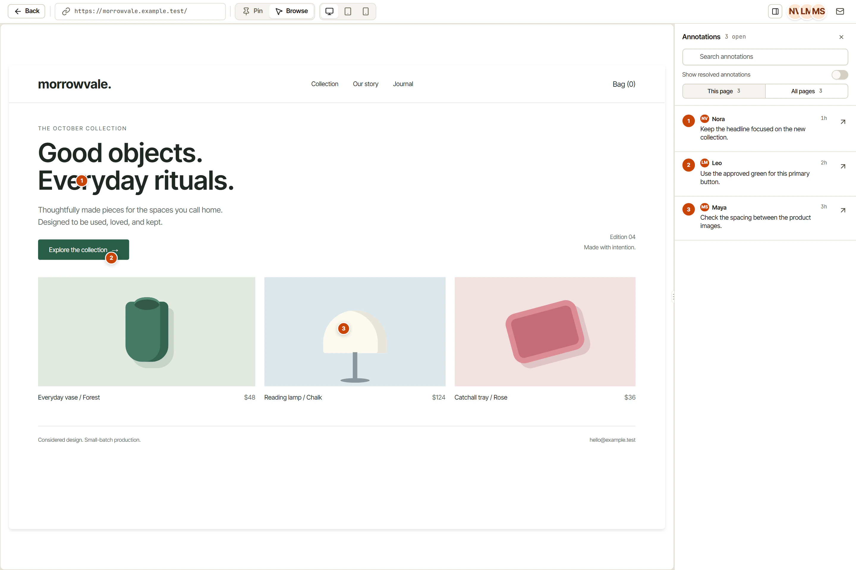 OkFlow Live Canvas showing website annotations and review tasks in an example project