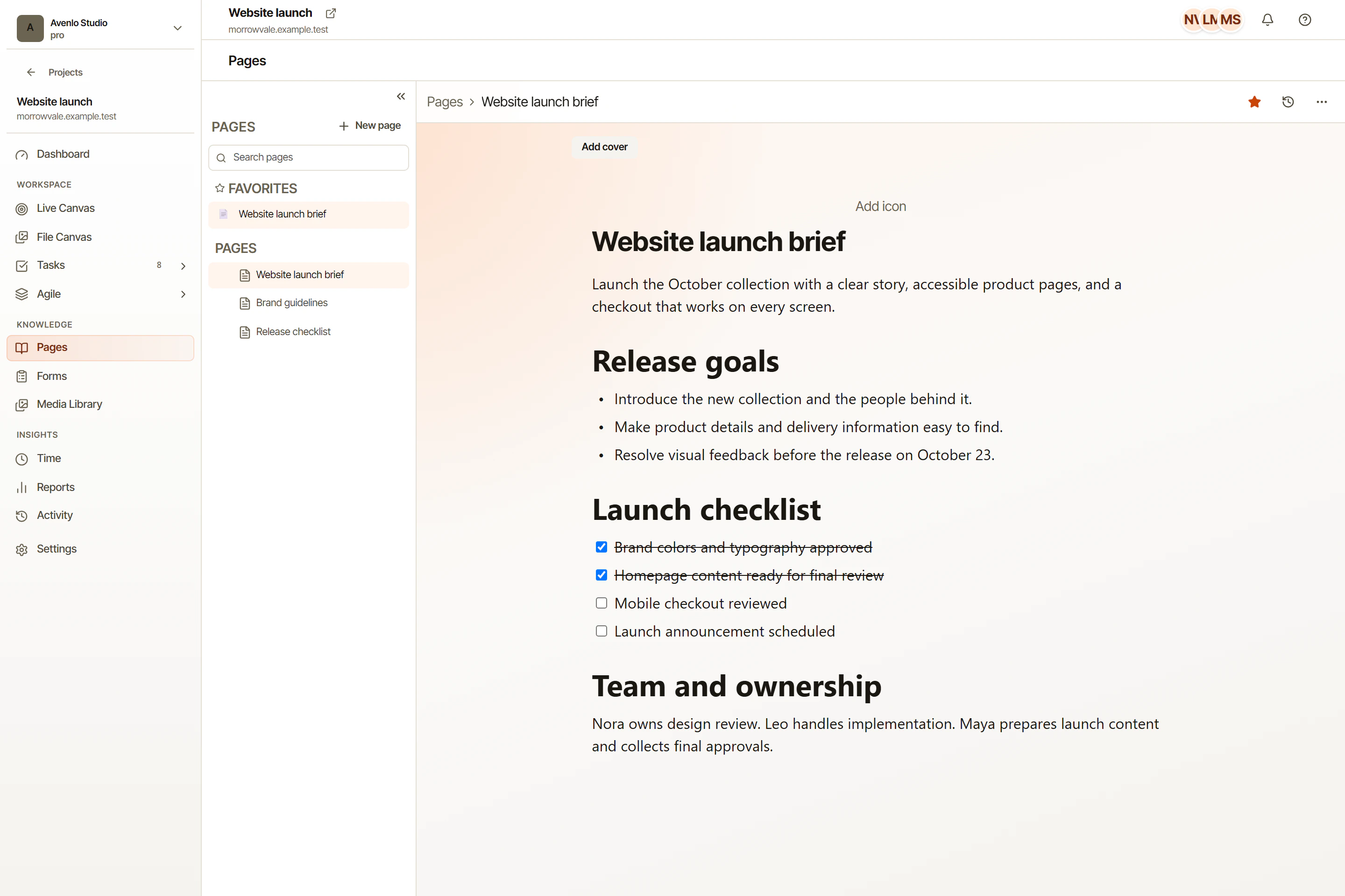 A project brief and checklists in the real OkFlow Pages editor with example data