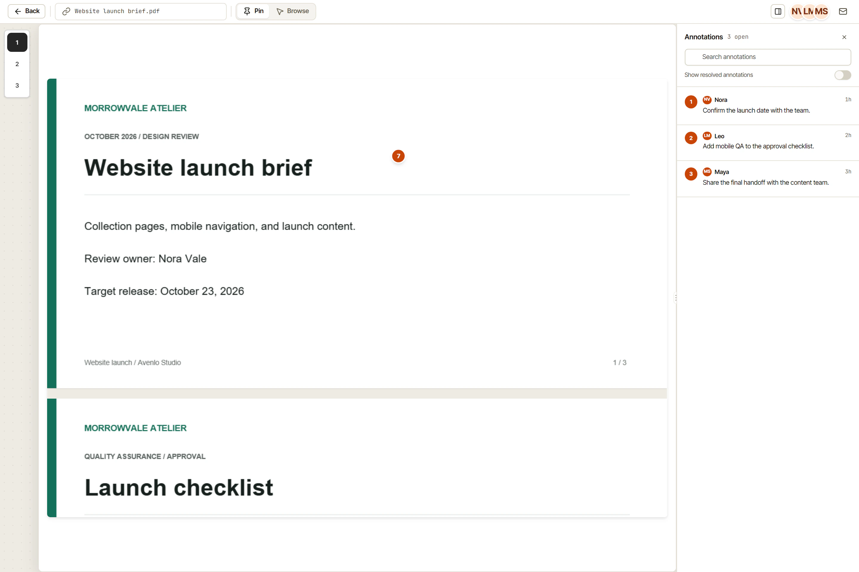 A three-page PDF review with page navigation and example annotations in OkFlow