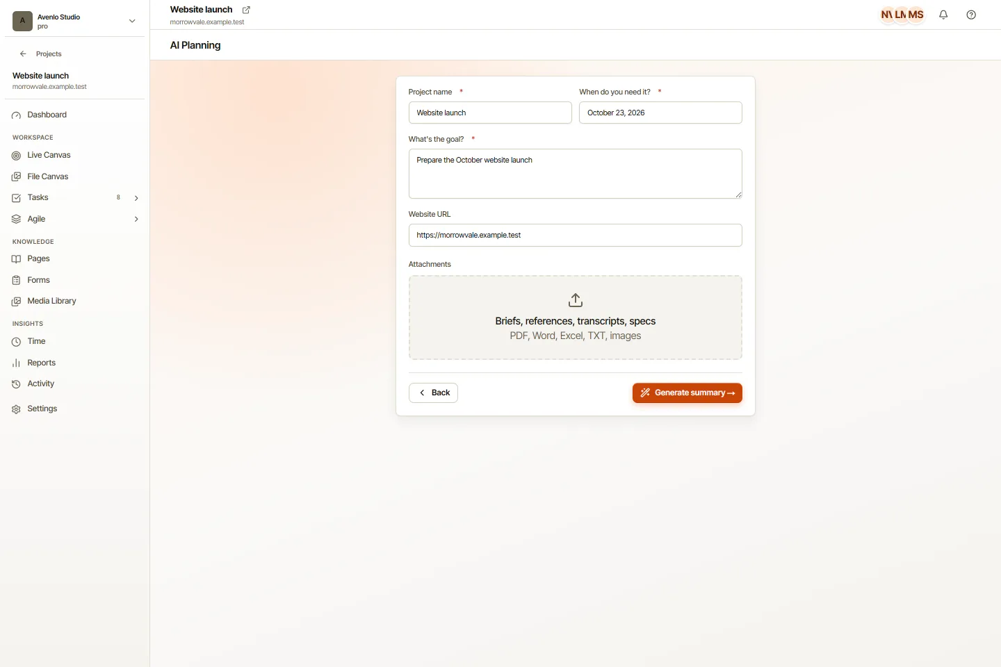 Project intake before generating an AI summary in OkFlow