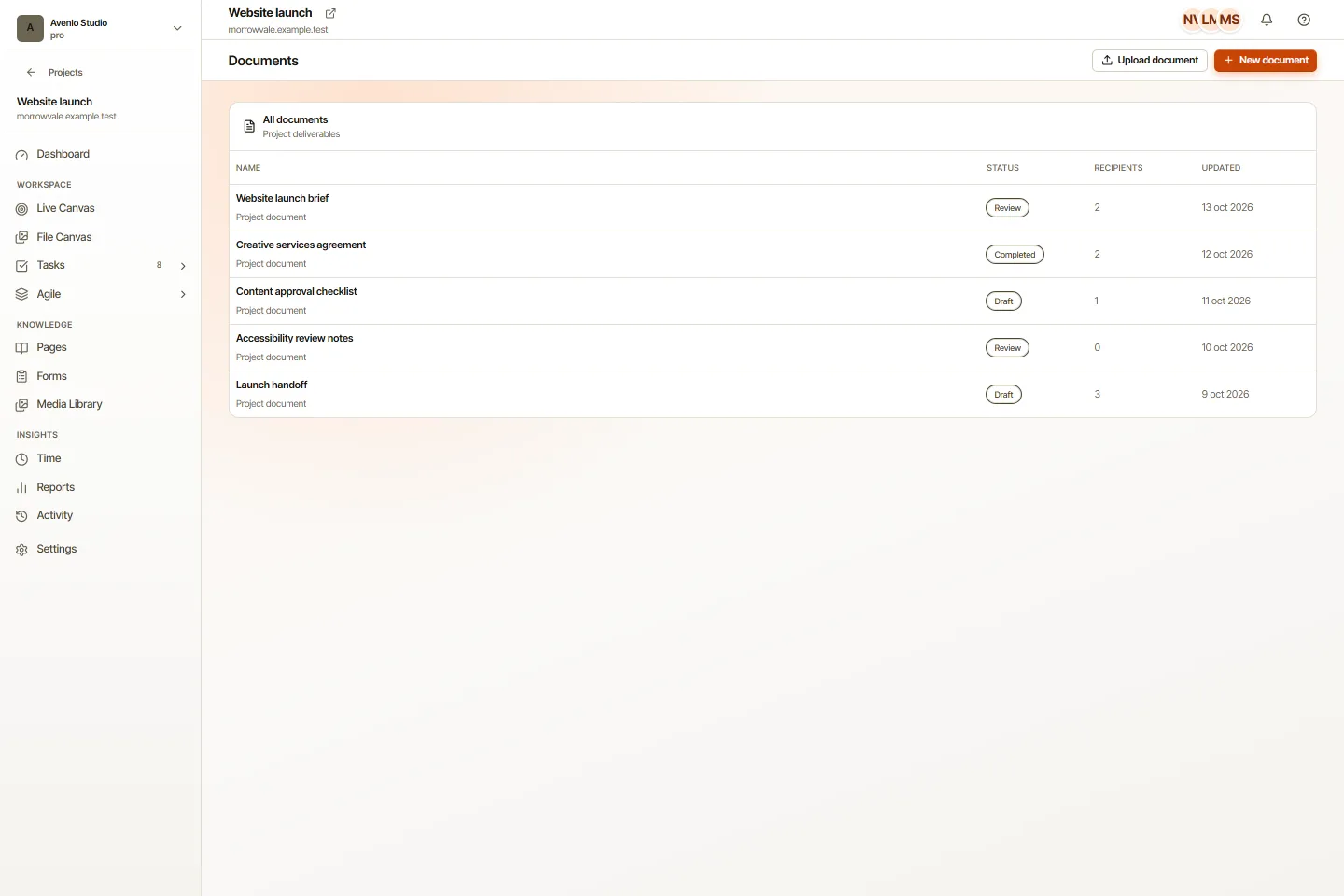 The project document listing in OkFlow