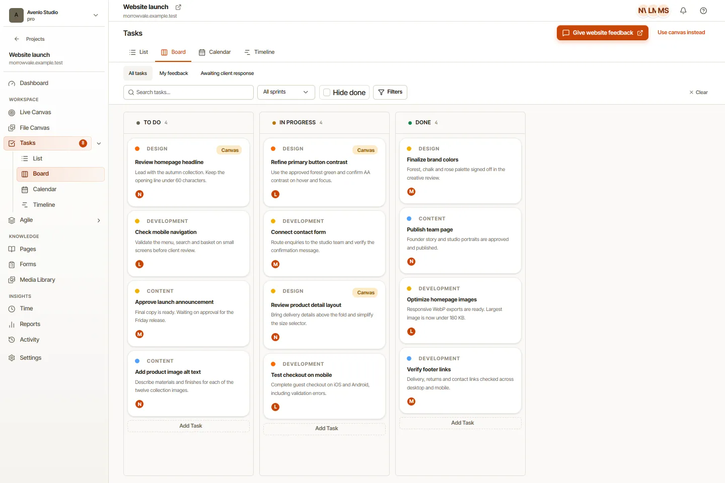 OkFlow board with to-do, in-progress and completed tasks
