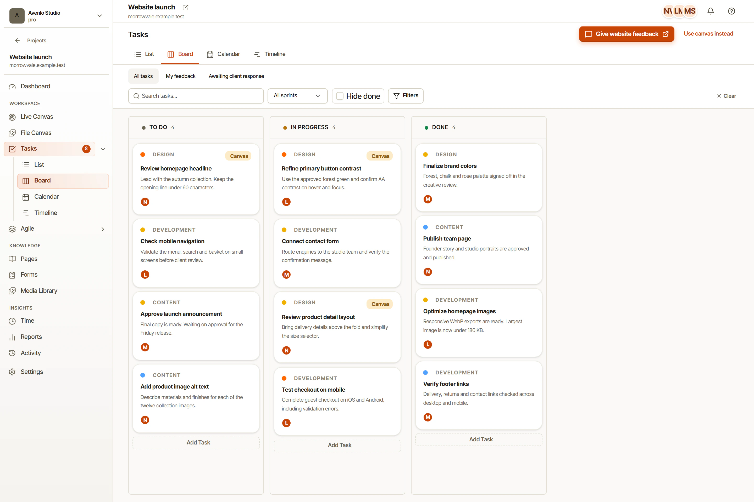 OkFlow task board showing workflow columns and example tasks with demo data