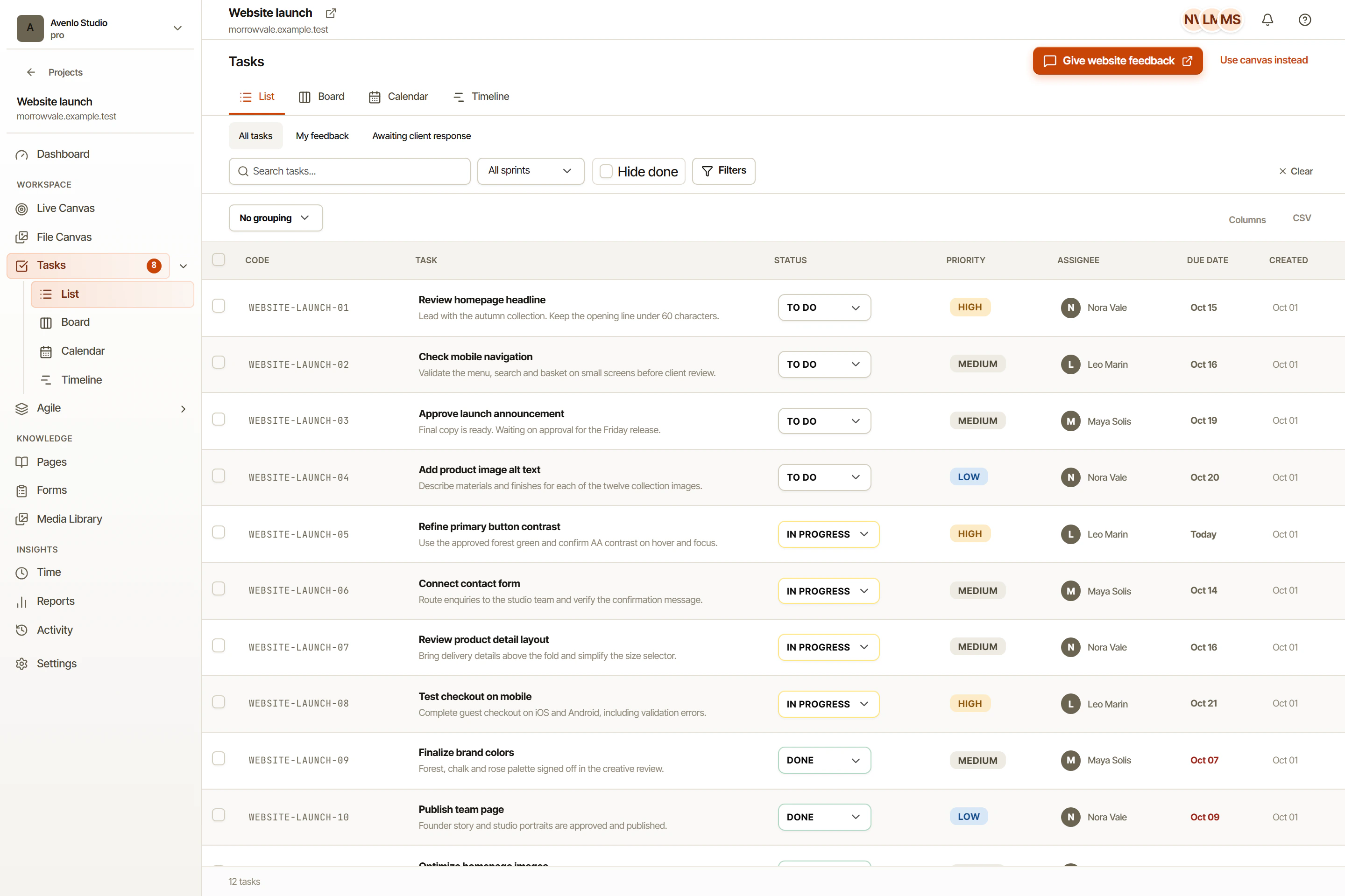 OkFlow task list with example assignments, statuses, and task details using demo data
